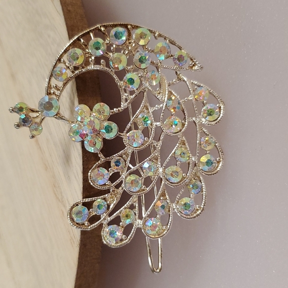 â˘Silvertone Aurora Borealis rhinestones⢠peacock hair barretteâ˘Sparkly! - Picture 5 of 13